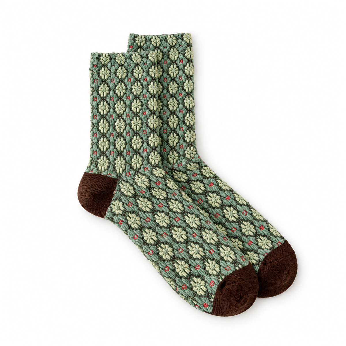 Calcetines mujer flores pequeñas en grecas, par Verde salvia