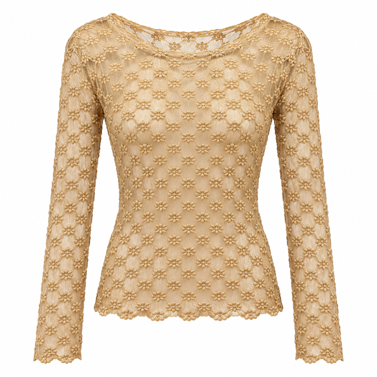 Camiseta de encaje floral beige de manga larga sobre fondo blanco