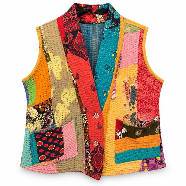 Chaleco kimono multicolor de tela kantha con botones de pedrería sobre fondo blanco