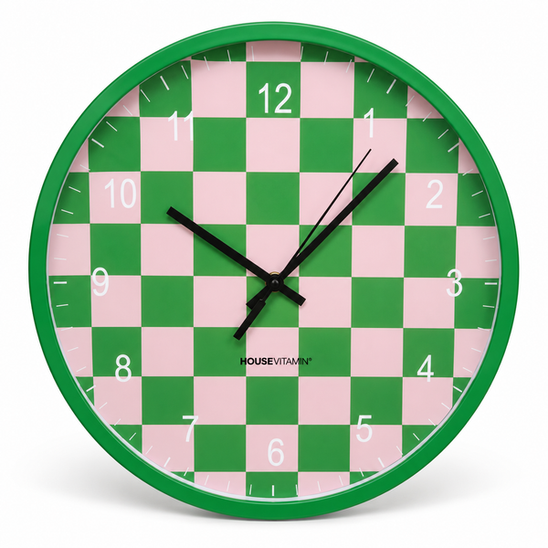 Reloj de Pared Redondo Damero Rosa y Verde