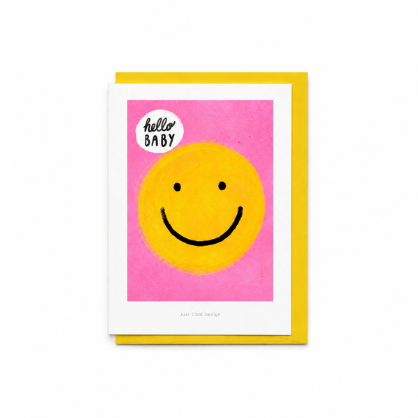Postal Hello Baby con sobre amarillo sobre fondo blanco