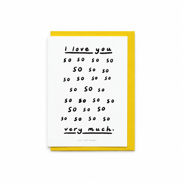 Postal I Love You So So Much con sobre amarillo sobre fondo blanco