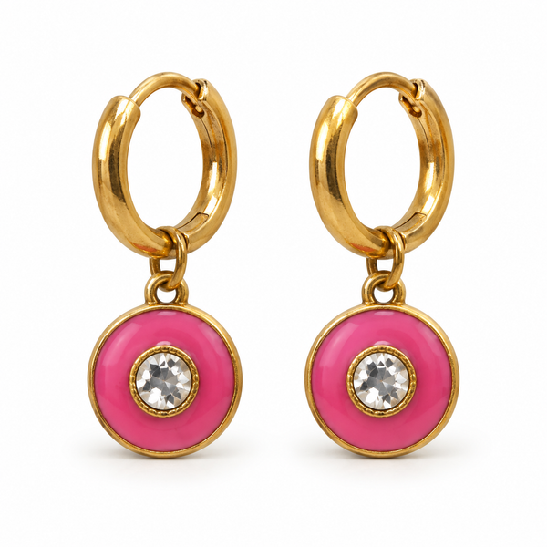 Mini Pendientes Círculo Rosa con Brillante — par sobre fondo blanco