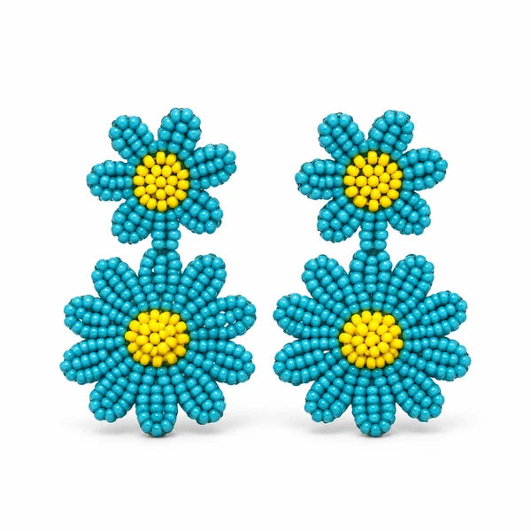 Pendientes Doble Flor Cuentas Rojo Y Amarillo