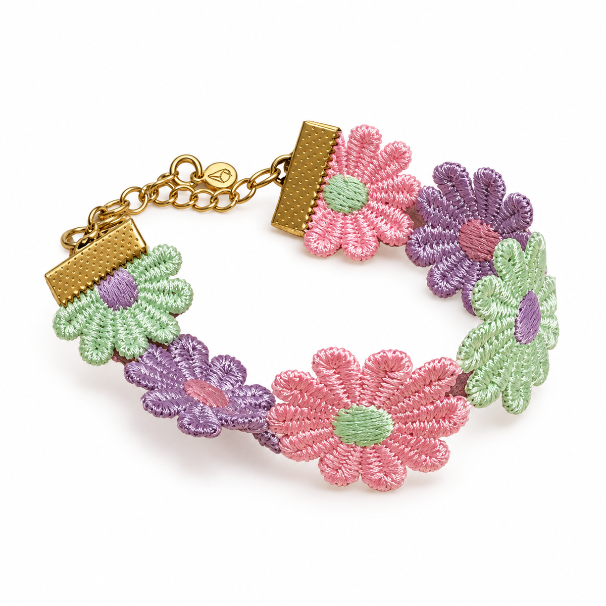 Pulsera de flores de guipur rosa, malva y verde