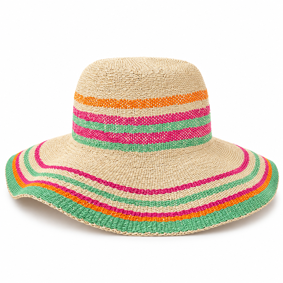 Sombrero de rayas verdes, fucsias y naranjas sobre fondo blanco
