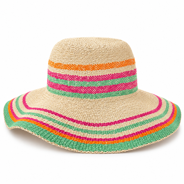 Sombrero de rayas verdes, fucsias y naranjas sobre fondo blanco