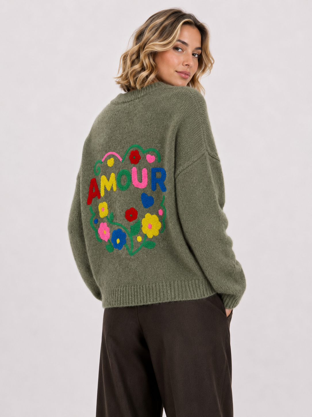 Jersey de punto AMOUR con bordado floral en la espalda azul