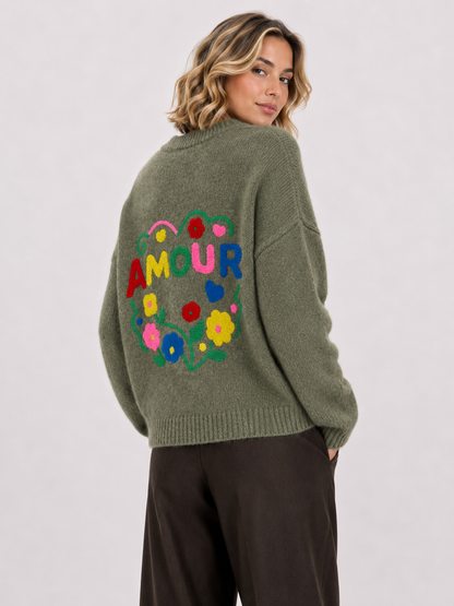 Jersey de punto AMOUR con bordado floral en la espalda azul