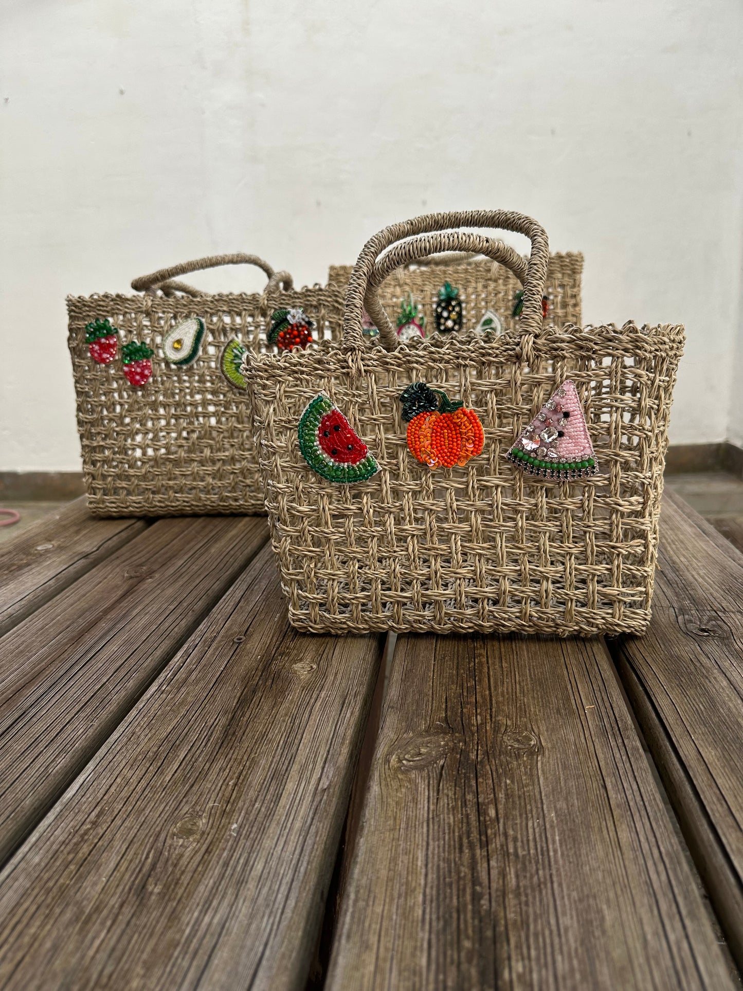 Bolso Capazo Cubo de Mano con Frutas de Predería L Natural Beige