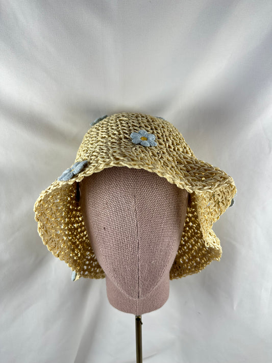 Sombrero Yute Claro Flor Flores Margarita Azul Claro y Amarillo