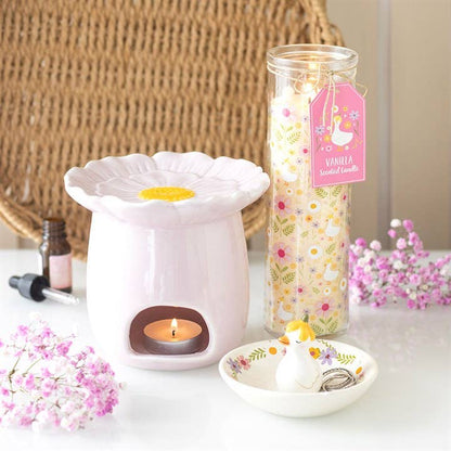 Lámpara Aromática de Cerámica, Quemador Aceites Esenciales Cera Wax Melts Flor Margarita Rosa