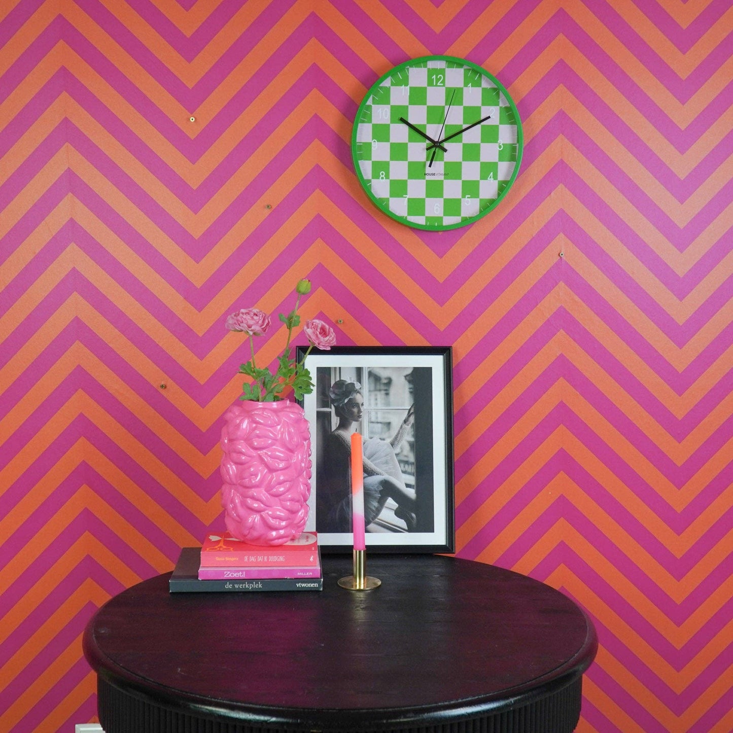 Reloj - Reloj de Pared - Patrón de Bloques - Verde/Rosa - 34x4x34cm
