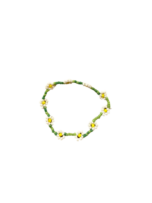 Pulsera Cuentas Bolitas Verde Claro y Oscuro con Flores Margarita Blanco y Amarillo