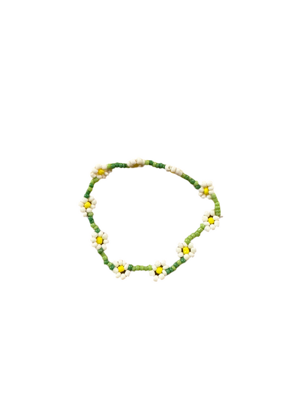 Pulsera Cuentas Bolitas Verde Claro y Oscuro con Flores Margarita Blanco y Amarillo
