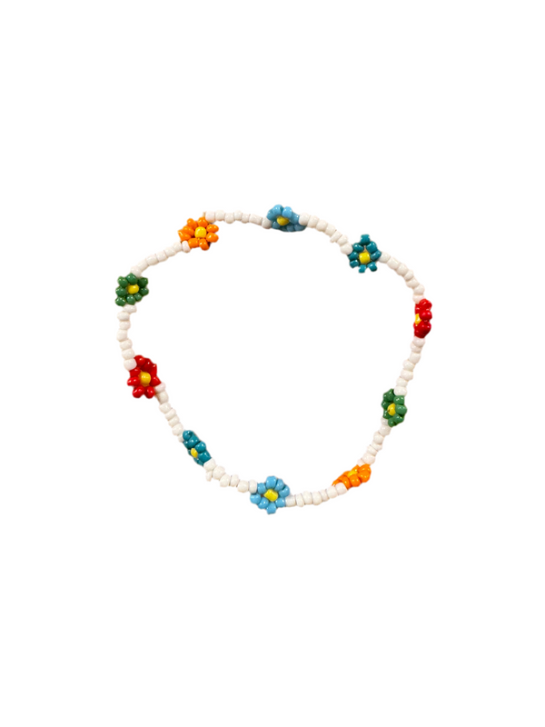 Pulsera Cuentas Bolitas Blanca con Flores Multicolor