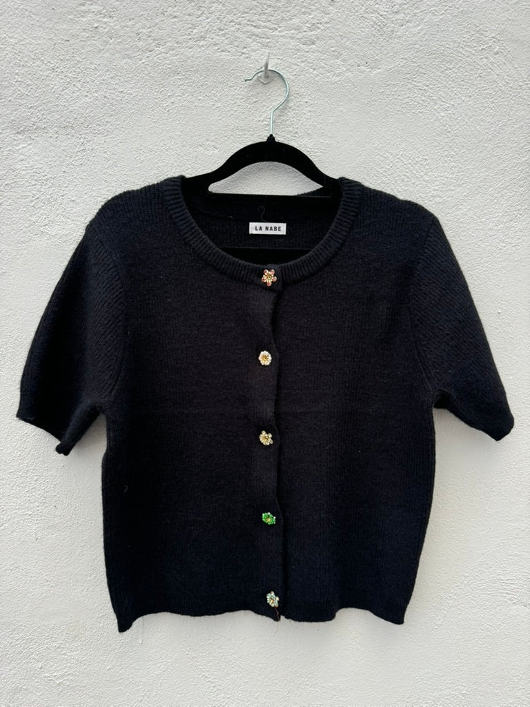 Chaqueta Punto Manga Corta Botón Flores Pedrería Negra