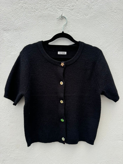Chaqueta Punto Manga Corta Botón Flores Pedrería Negra