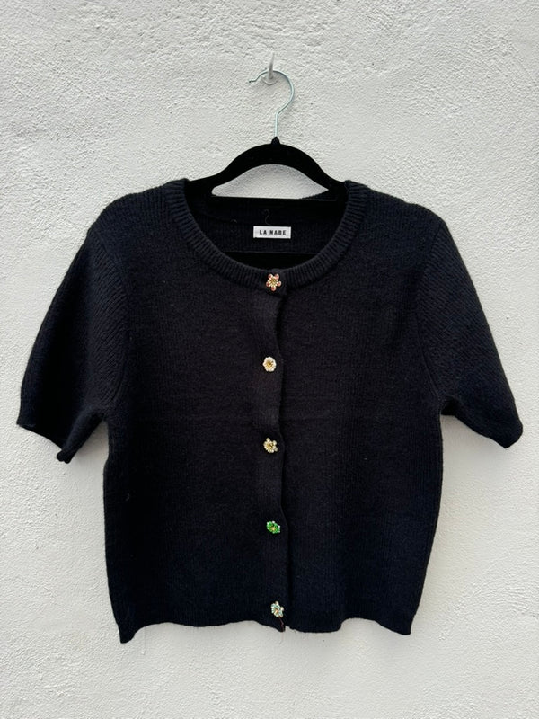 Chaqueta Punto Manga Corta Botón Flores Pedrería Negra