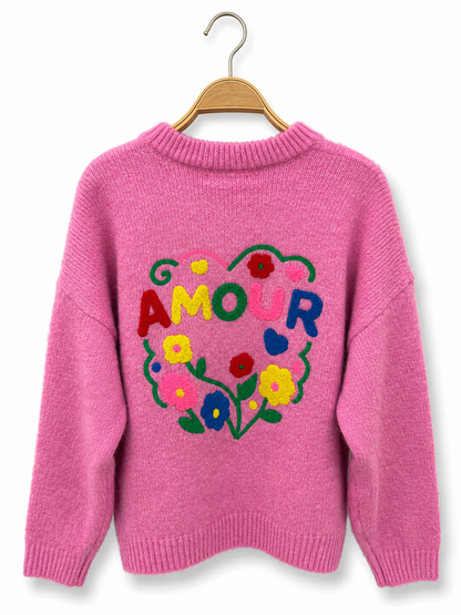 Jersey de punto AMOUR con bordado floral en la espalda azul