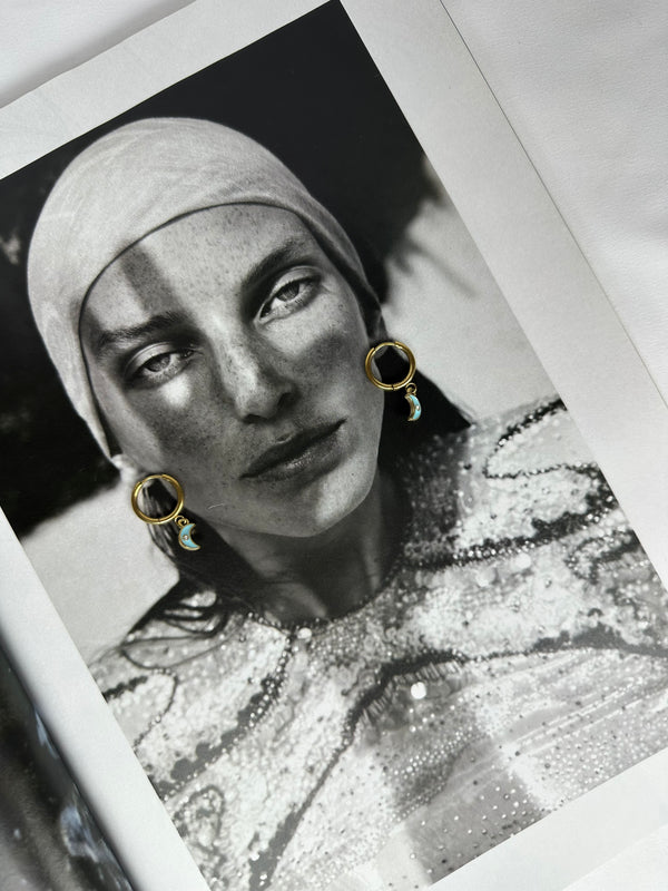 Mini Pendientes Aro Luna Azul con Brillante