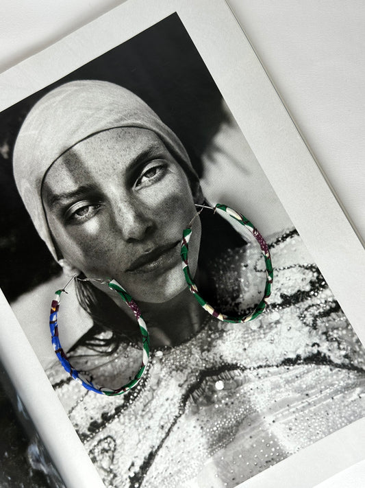 Pendiente Tela Wax Africana Ovalado Verde Marrón y Blanco