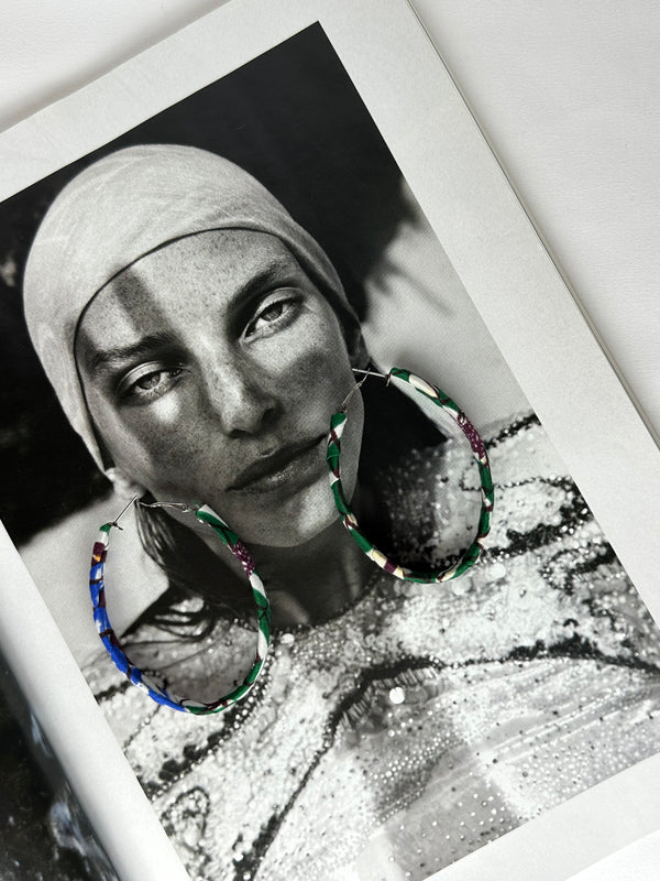 Pendientes Tela Wax Africana Ovalado Verde Marrón y Blanco