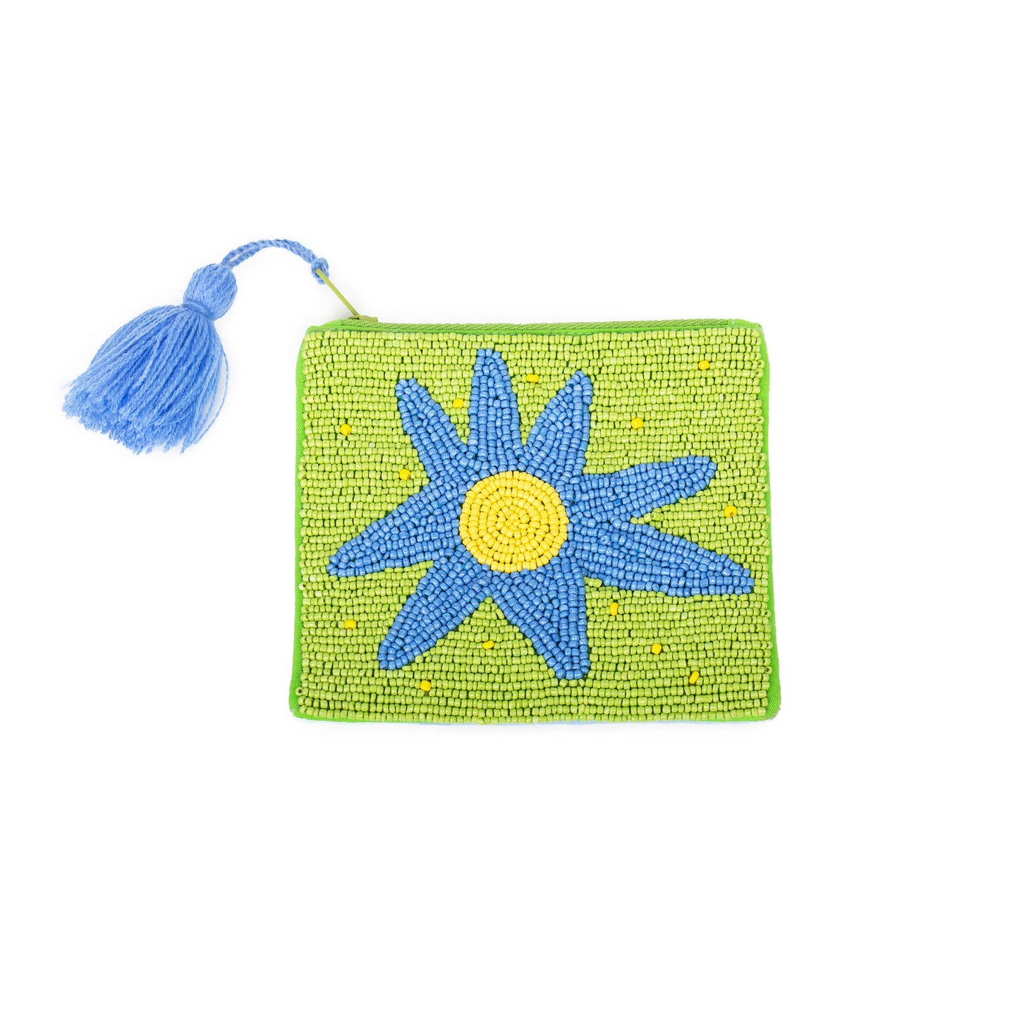 Cartera Monedero Clutch Cuentas Verde Flor Azul