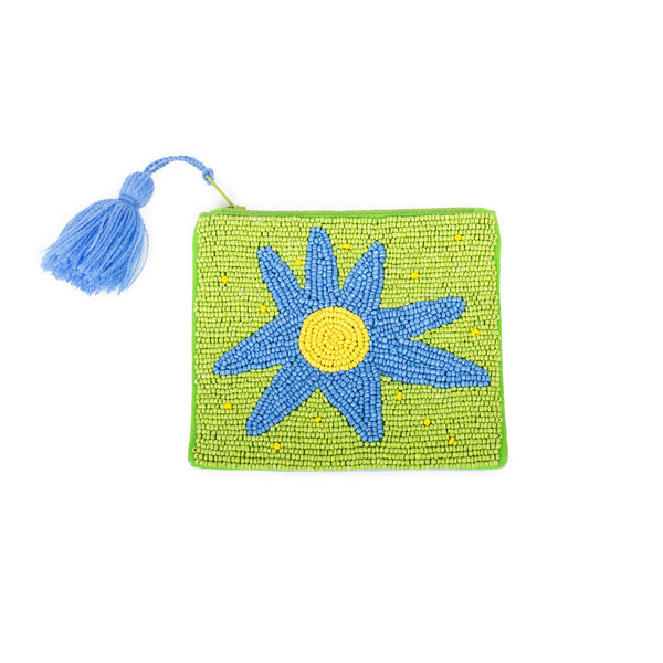 Cartera Monedero Clutch Cuentas Verde Flor Azul