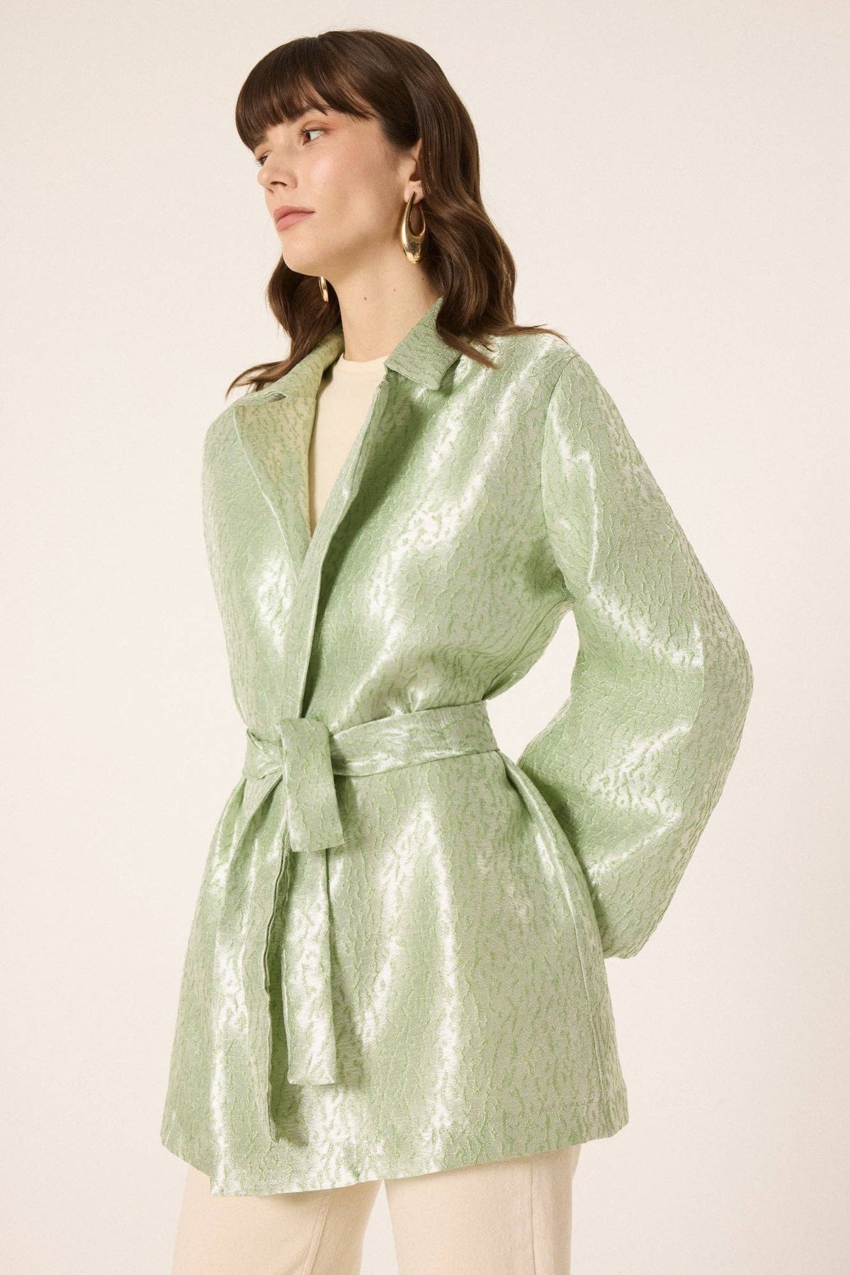 Chaqueta Kimono Jacquard Verde Agua con Cinturón
