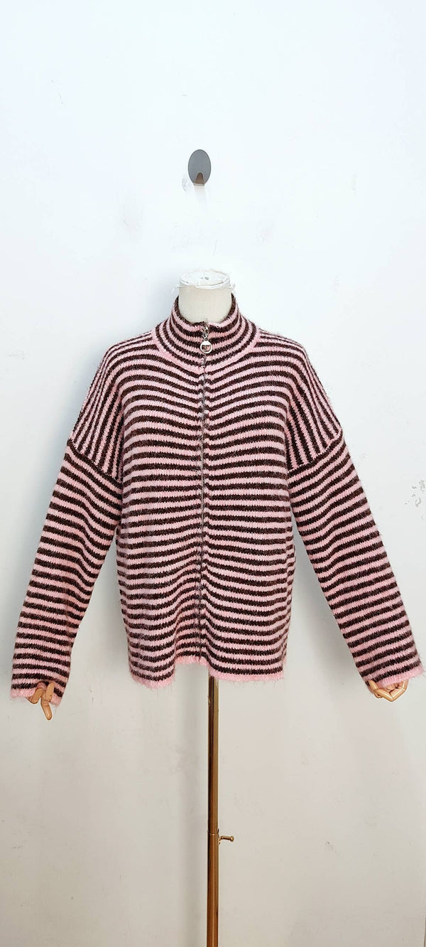 Jersey de rayas con cremallera rosa y chocolate