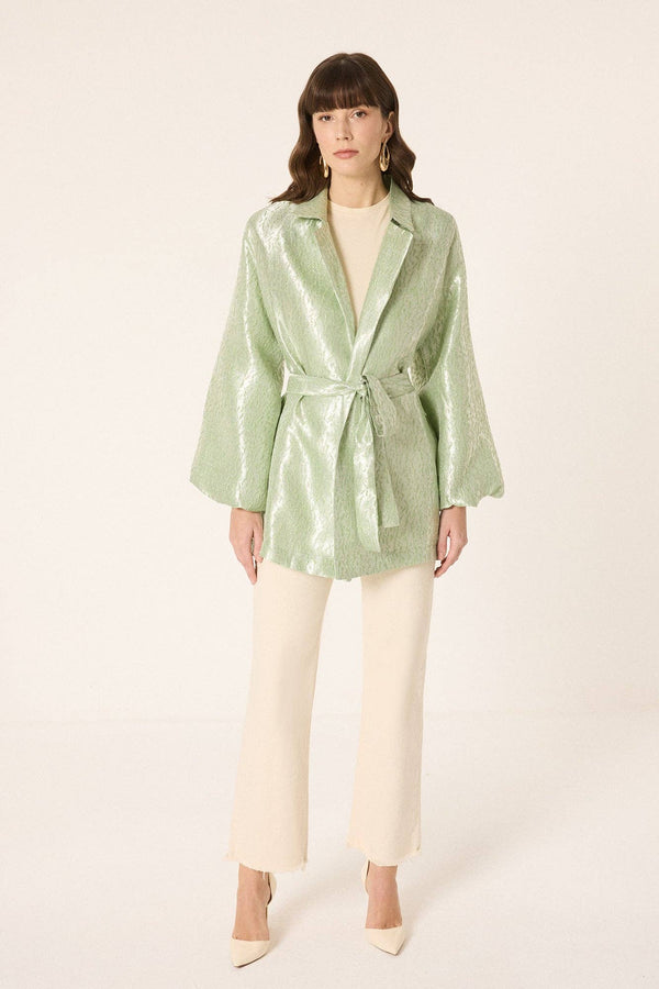 Chaqueta Kimono Jacquard Verde Agua con Cinturón