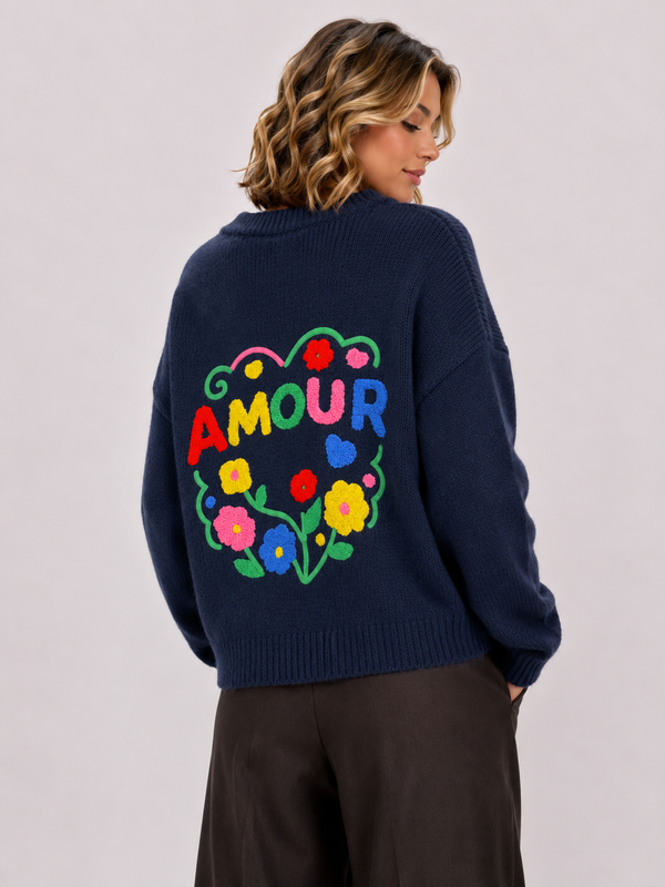 Jersey de punto AMOUR con bordado floral en la espalda azul