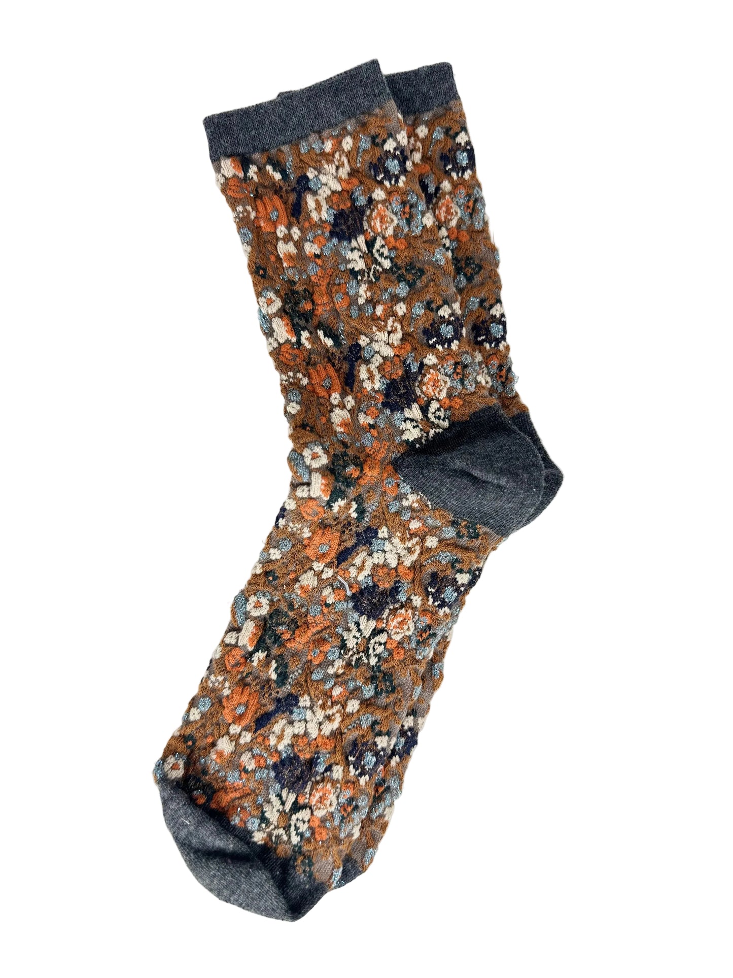 Calcetines Mujer Flores Fruncidas Gris