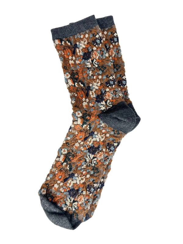 Calcetines Mujer Flores Fruncidas Gris
