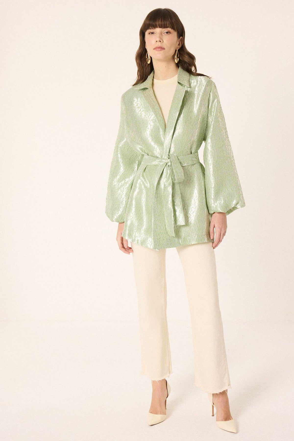 Chaqueta Kimono Jacquard Verde Agua con Cinturón