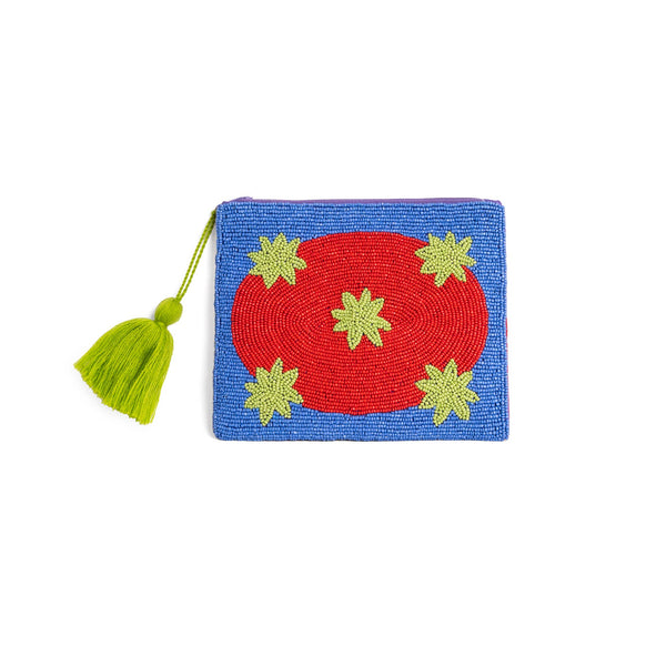 Cartera Monedero Clutch Cuentas Azul con Flor Roja