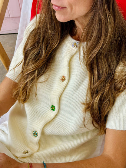 Chaqueta Punto Manga Corta Botón Flores Pedrería Crudo