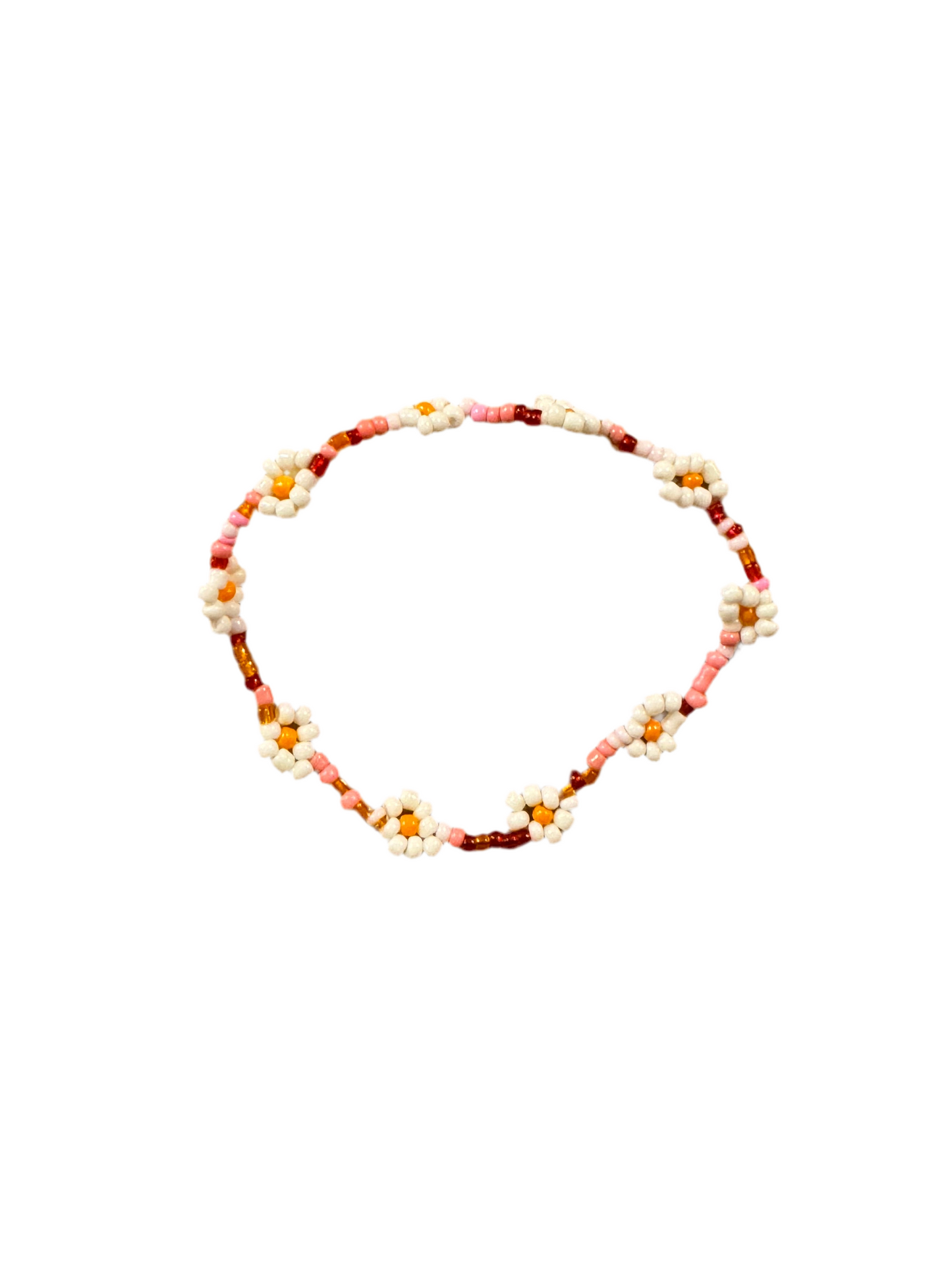 Pulsera Cuentas Bolitas Rosa y Granate con Flores Blanco y Naranja