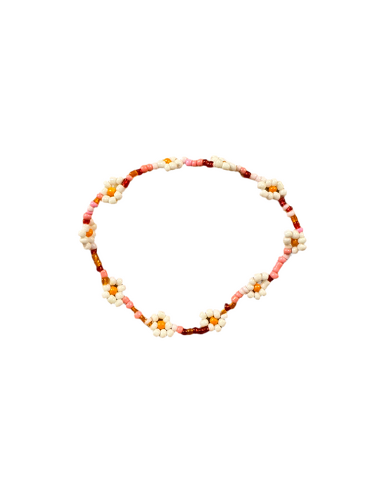 Pulsera Cuentas Bolitas Rosa y Granate con Flores Blanco y Naranja