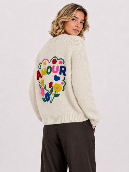 Jersey de punto AMOUR con bordado floral en la espalda azul