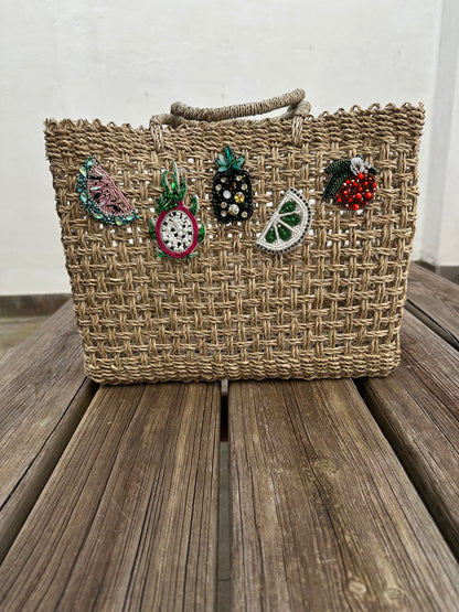 Bolso Capazo Cubo de Mano con Frutas de Predería L Natural Beige