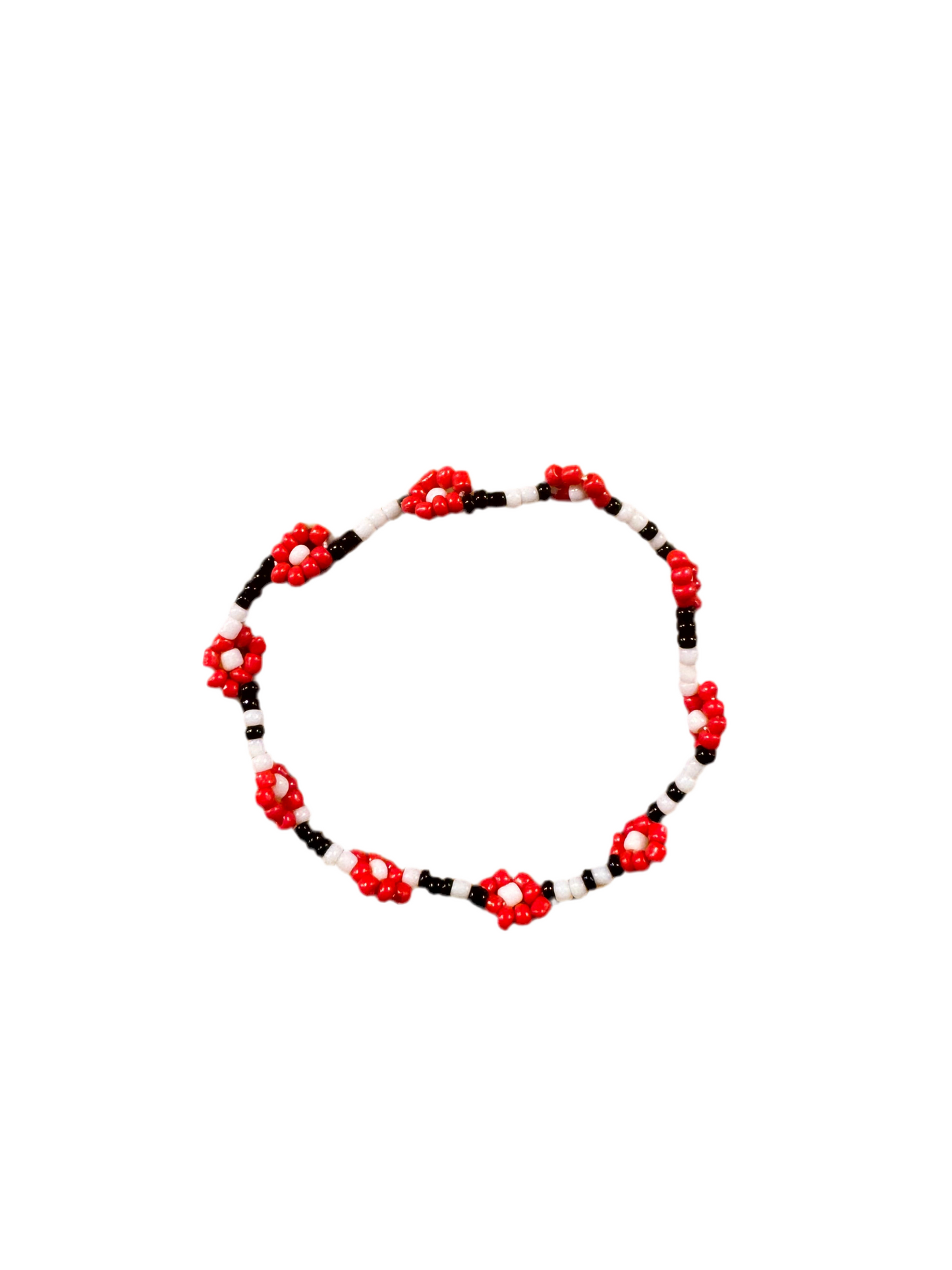 Pulsera Cuentas Bolitas Blanco y Negro con Flores Rojo y Blanco