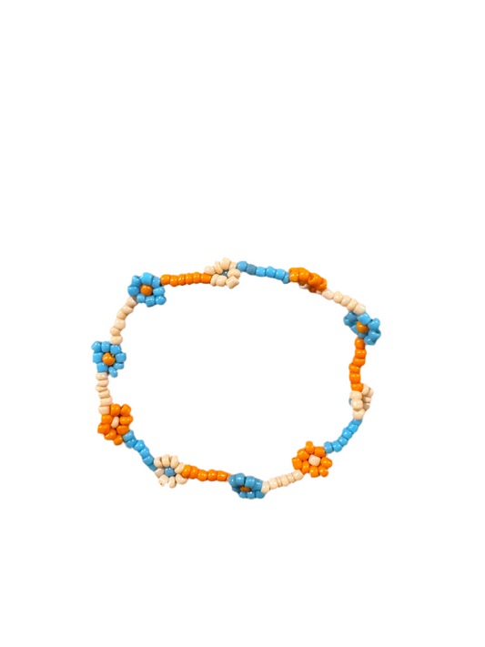 Pulsera Cuentas Bolitas Rosa y Naranja con Flores Margarita Naranja y Azul