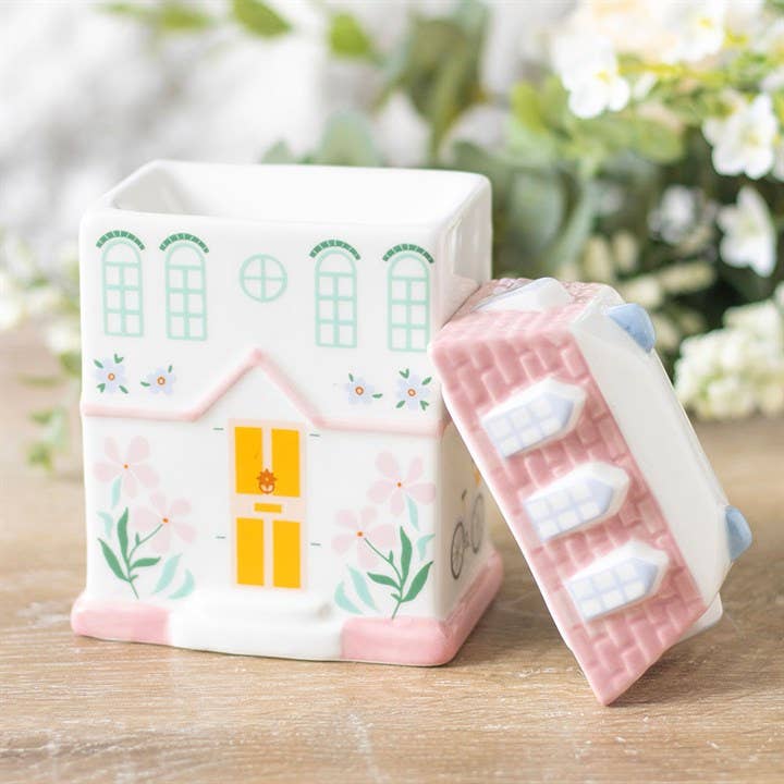 Lámpara Aromática de Cerámica, Quemador Aceites Esenciales Cera Wax Melts Casita