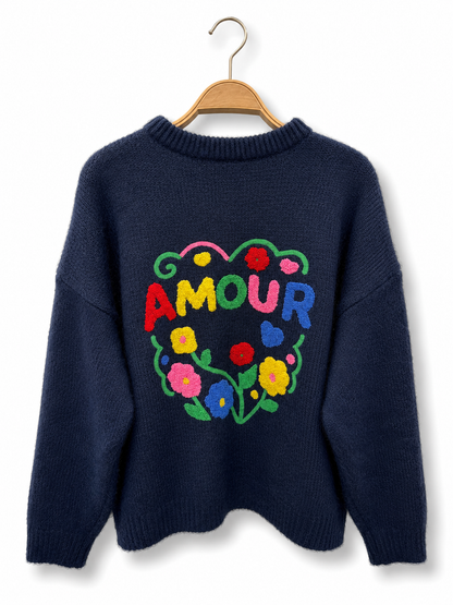 Jersey de punto AMOUR con bordado floral en la espalda azul