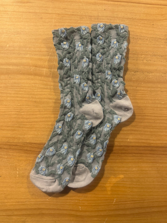Calcetines Mujer Flores Fruncidas Gris Flores Azules