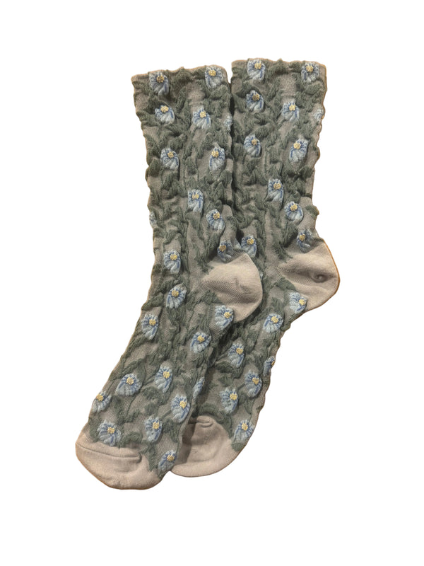 Calcetines Mujer Flores Fruncidas Gris Flores Azules Tallo Verde