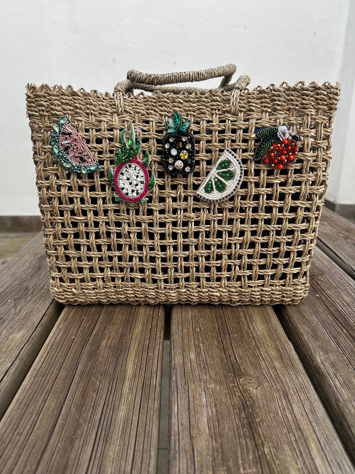 Bolso Capazo Cubo de Mano con Frutas de Predería L Natural Beige