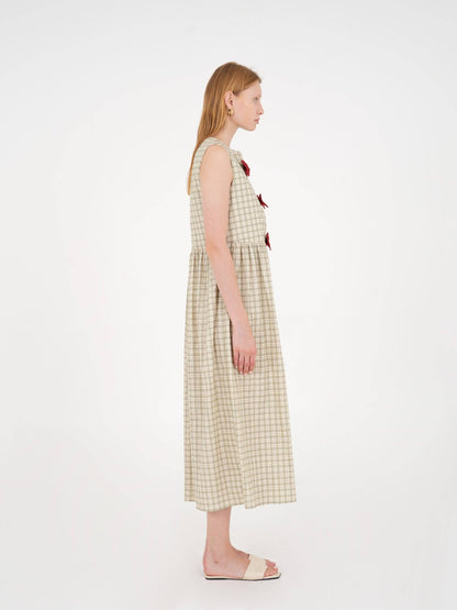 Vestido Cuadros Verde y Lazos Granates